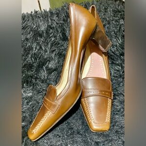 Brooks Brothers Womens PUMPS SIZE 8 SQUARE Toe Slip-On Heels BROWN TAN STITCH